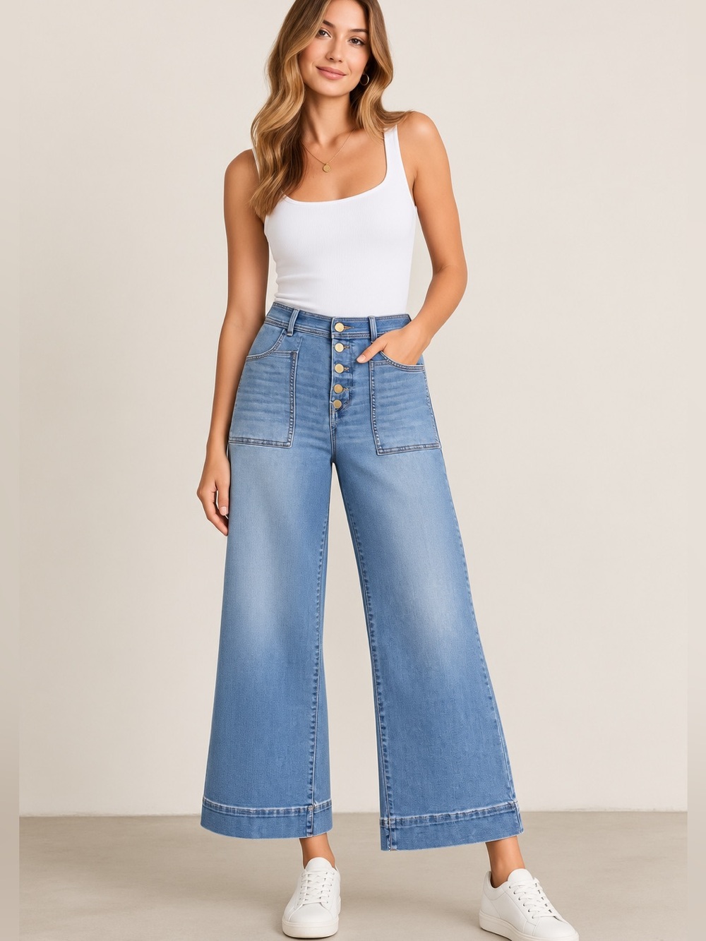 EVEREVE High Rise Wide Leg Jeans Light Wash Button Fly Patch Pocket 27
